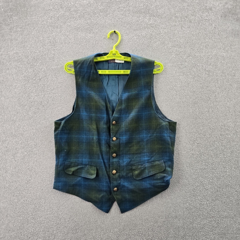 VINTAGE Pendleton Men Vest S Blue Plaid Wool Sleeveless
